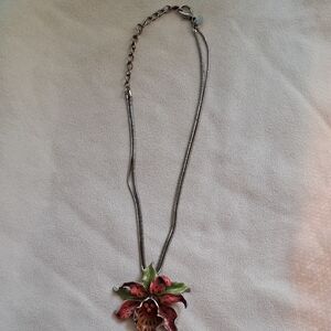 Chico's Red and Green Floral Necklace with Silver Chain